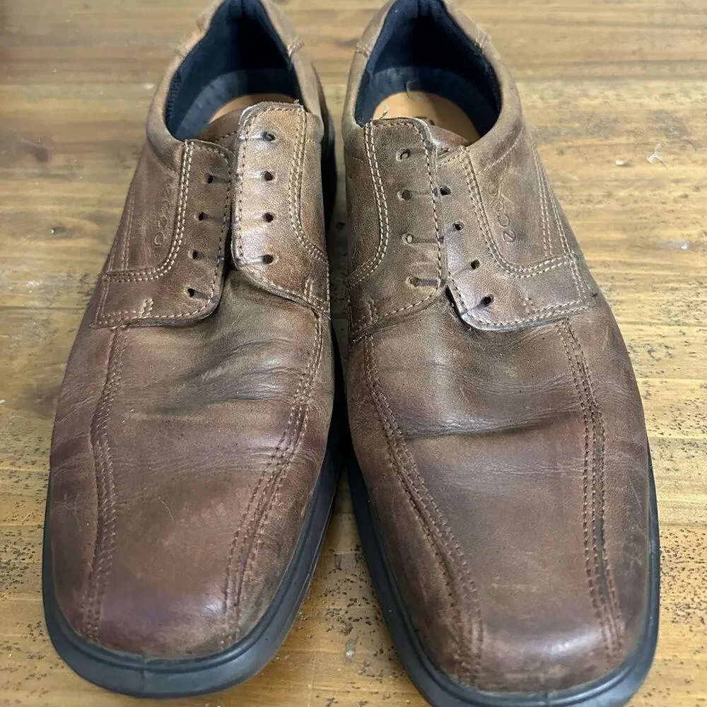 ECCO Shoes Mens 8 Dress Oxford Brown Leather Lace Up Bicycle Toe Low Heels
